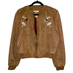 Anthropologie Solitaire Faux Suede Boho Embroidered Floral Bird Bomber Jacket L